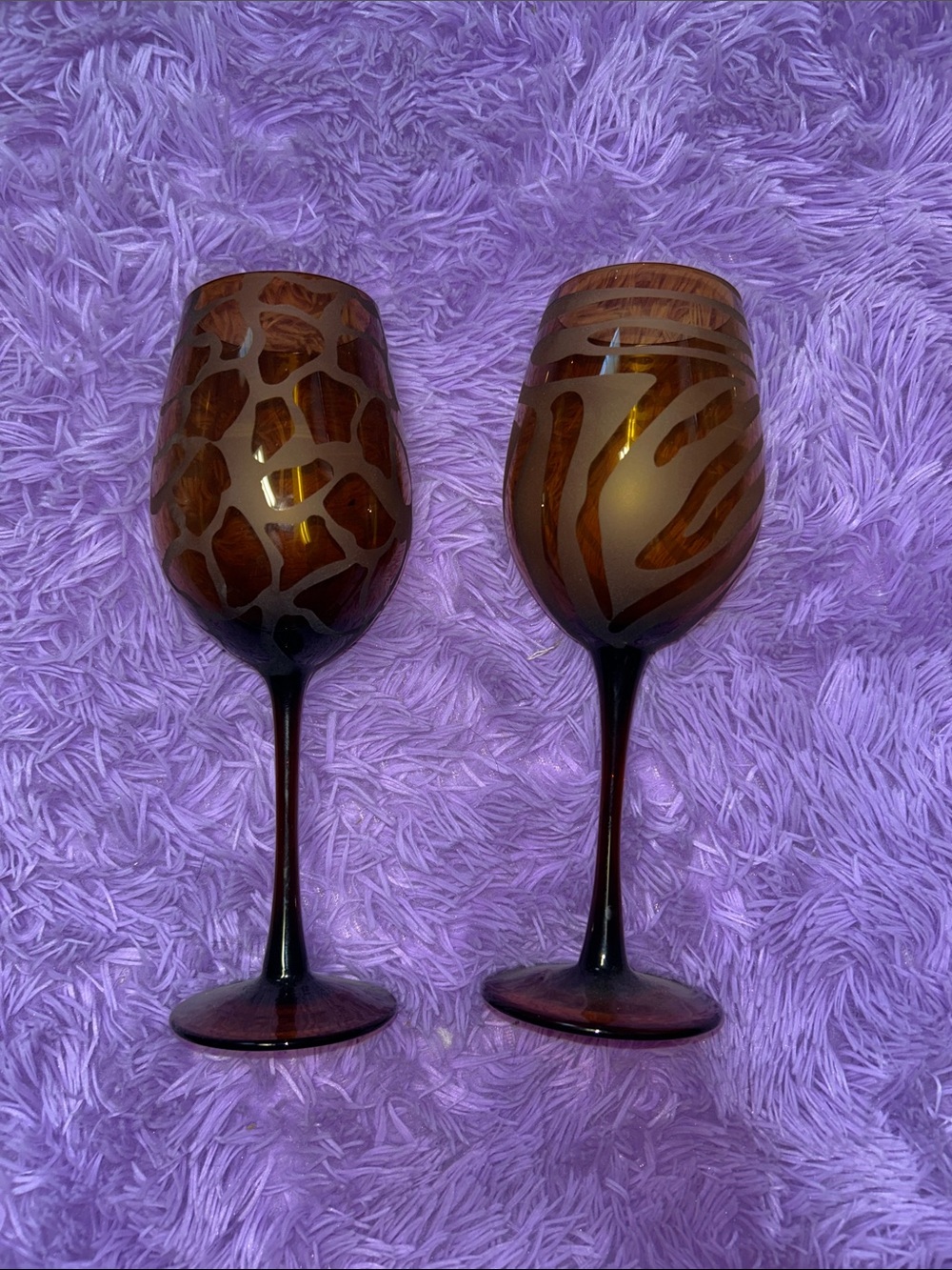 Vintage HandBlown Amber Glass Frosted Animal Print Wine Glasses 9.5”- Set of 2